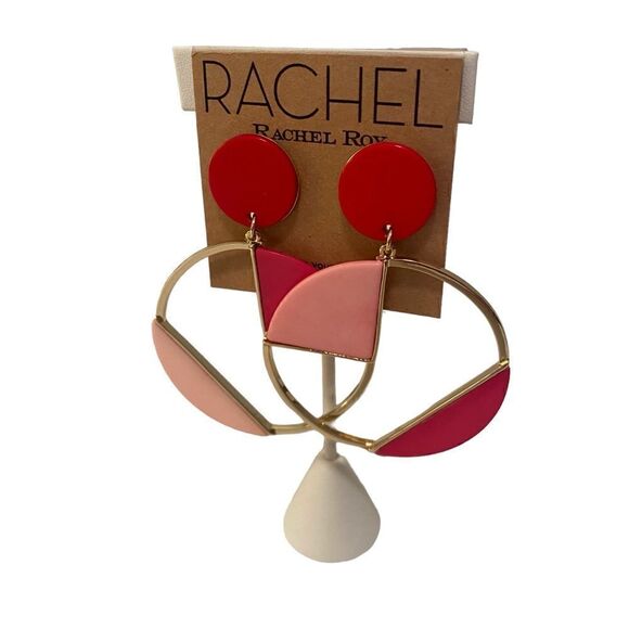 Rachel Roy Large Clip-On Gold Tone Hoops w/Red & Hot Pink Accents. - Picture 2 of 5